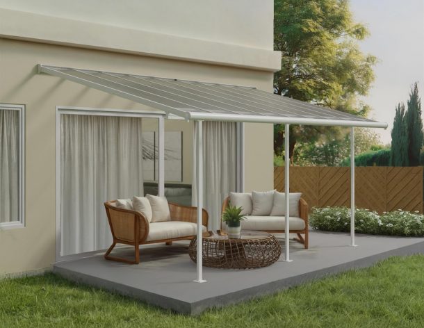 Sierra 10 ft. x 18 ft. Patio Cover white Aluminium Patio Cover With 3 Posts, Clear twin-wall polycarbonate roof panels on Deck