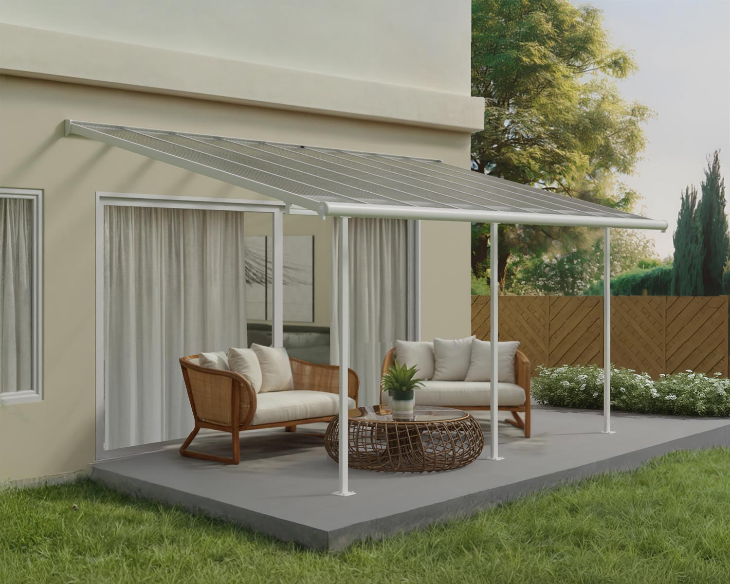 Sierra 10 ft. x 18 ft. Patio Cover white Aluminium Patio Cover With 3 Posts, Clear twin-wall polycarbonate roof panels on Deck