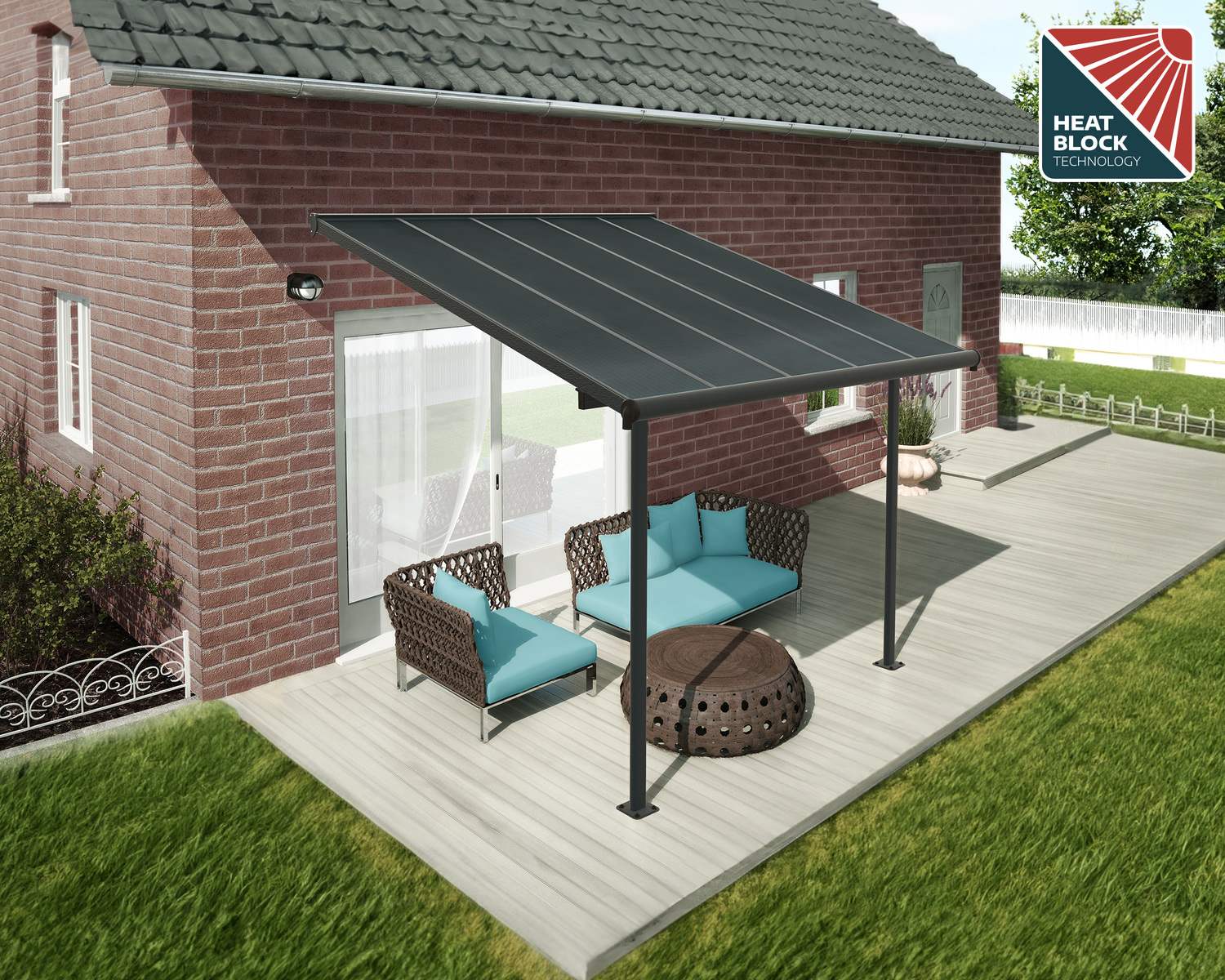Capri 10 ft. x 10 ft. Grey Aluminium Patio Cover with 2 Posts Attached to House that Covers Patio Outdoor Furniture.