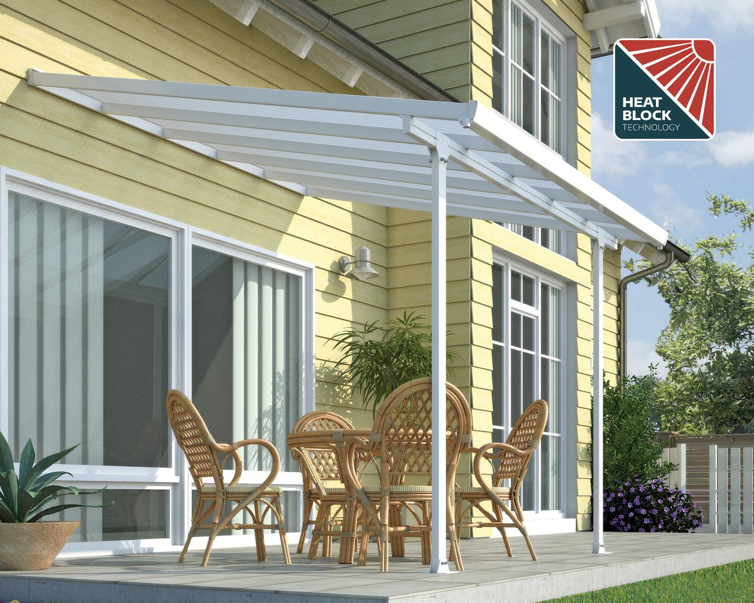 Feria 10 ft. x 10 ft. Grey Aluminium Patio Cover with 2 Posts and Polycarbonate Roof Panels Attached to House that Covers Patio Outdoor Furniture