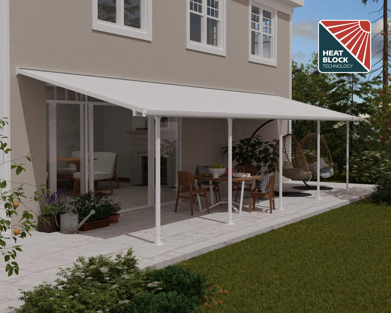 Aluminium White Patio Cover 10 ft. x 32 ft. with polycarbonate roof panels, attached to the patio house to protect on garden furniture