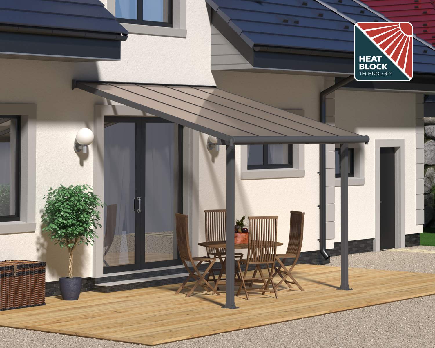 Olympia 10 ft. x 10 ft. Grey Aluminium Patio Cover With Bronze-tinted twin-wall polycarbonate roof panels on Deck Patio protect garden furniture