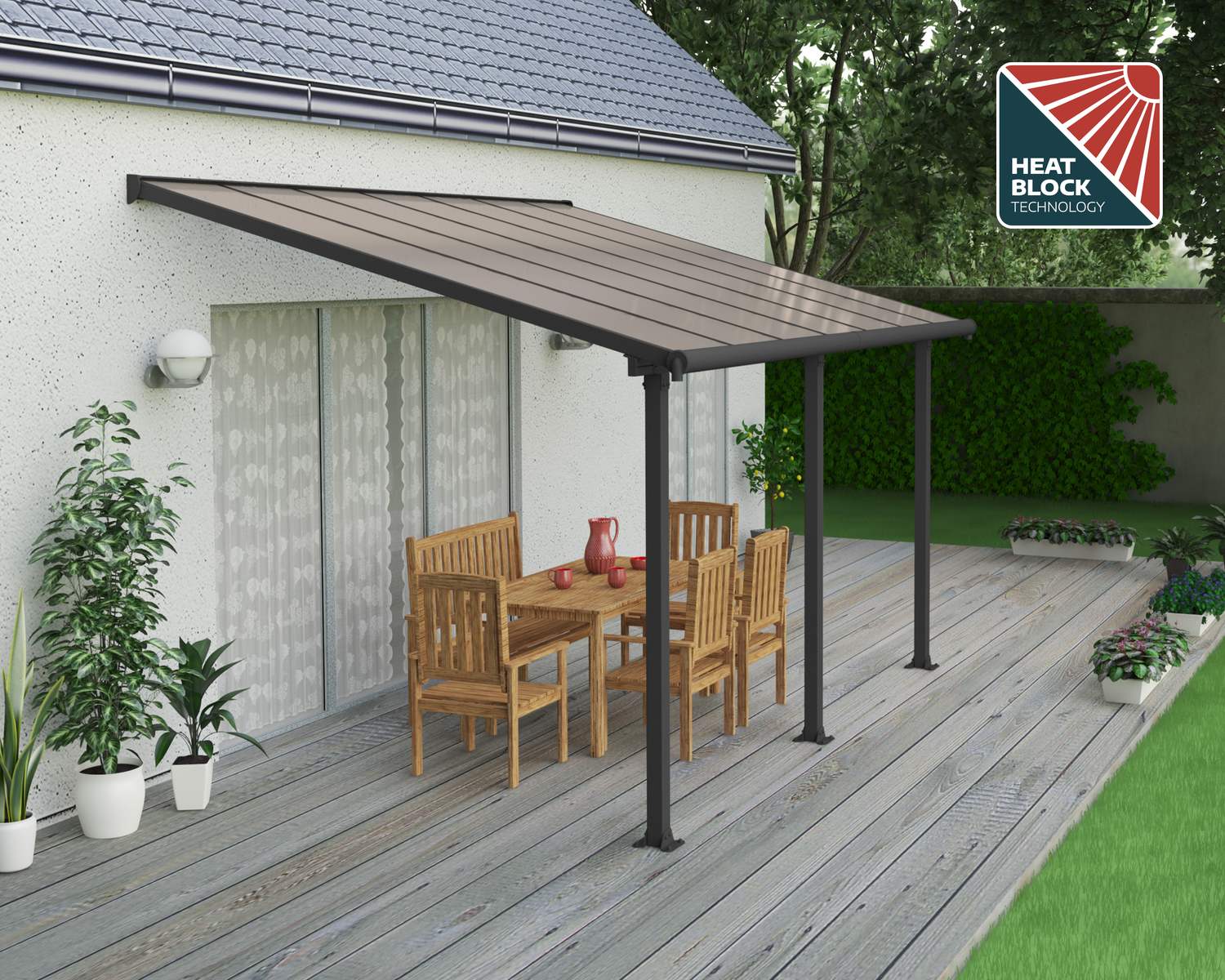 Olympia 10 ft. x 14 ft. Grey Aluminium Patio Cover With Bronze-tinted twin-wall polycarbonate roof panels on Deck Patio protect garden furniture