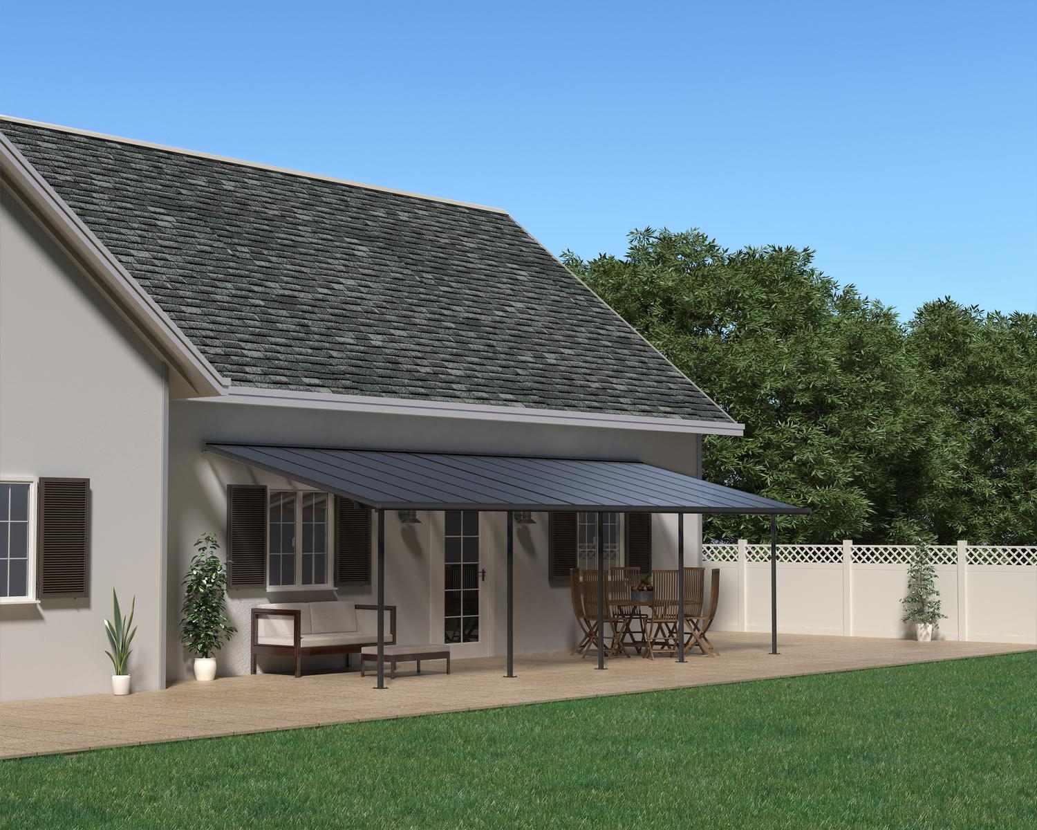 Sierra 10 ft. x 30 ft. Patio Cover With 5 Posts grey Aluminium Patio Cover With grey twin-wall polycarbonate roof panels on platform