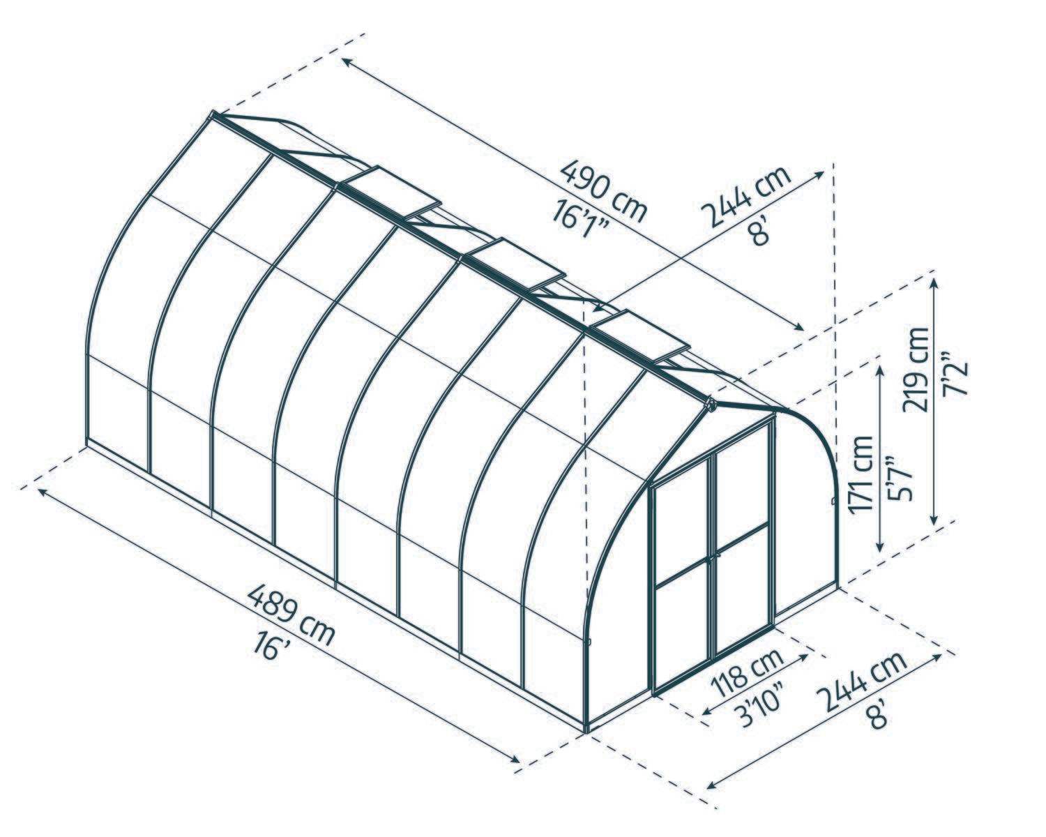 Bella 8x16 Silver greenhouse with polycarbonate panels, double doors, and a sloped roof, set in a lush garden sketch