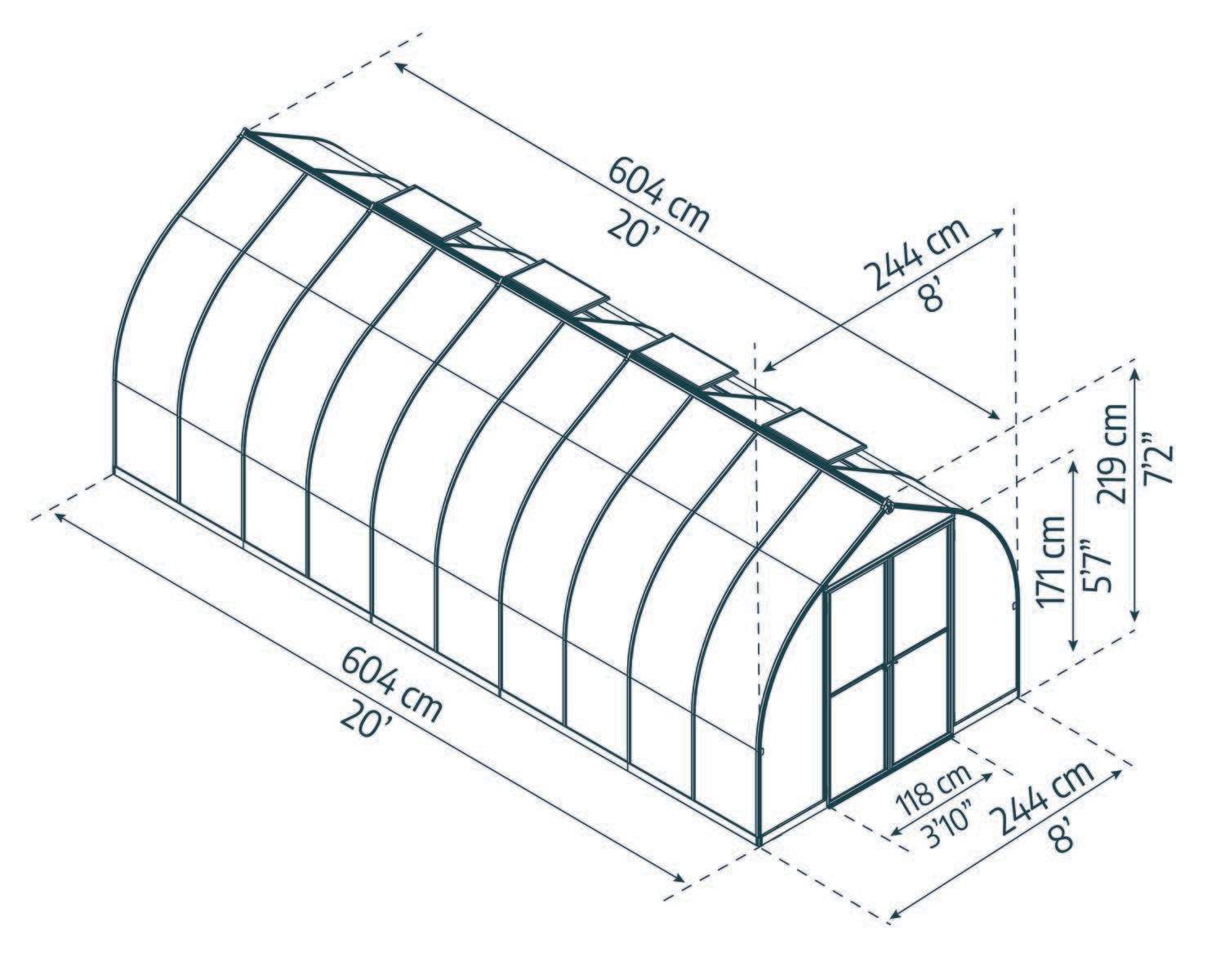 Bella 8x20 Silver greenhouse with polycarbonate panels, double doors, and a sloped roof, in a lush garden with stepping stones sketch