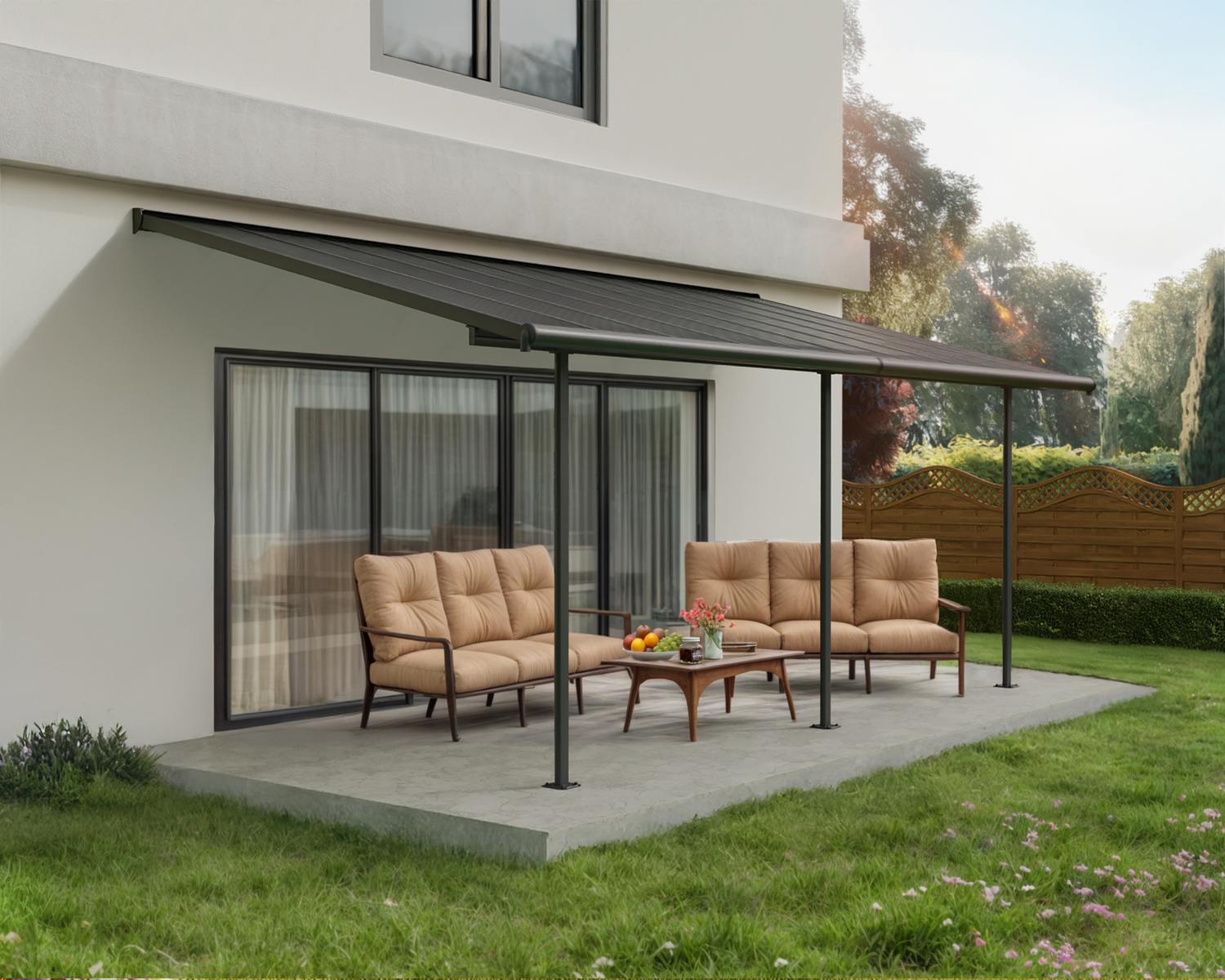 Capri 10 ft. x 20 ft. Grey Aluminium Patio Cover with 3 Posts Attached to House that Covers Patio Outdoor Furniture.