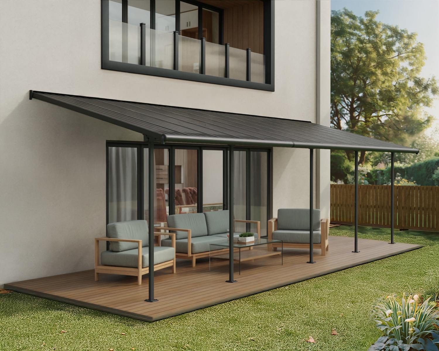 Capri 10 ft. x 28 ft. Grey Aluminium Patio Cover with 5 Posts Attached to House that Covers Patio Outdoor Furniture.