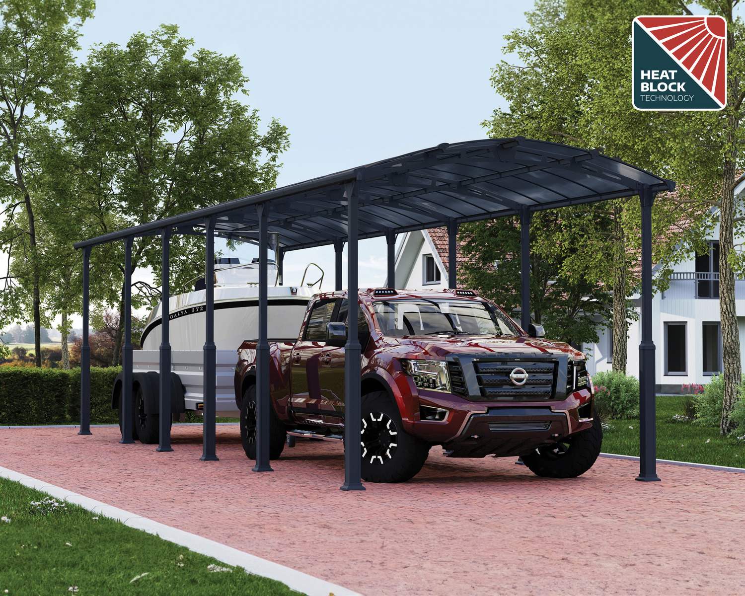 Alpine aluminum carport 12ft x 42ft in grey, equipped with HeatBlock technology, featuring a red pickup towing a white boat