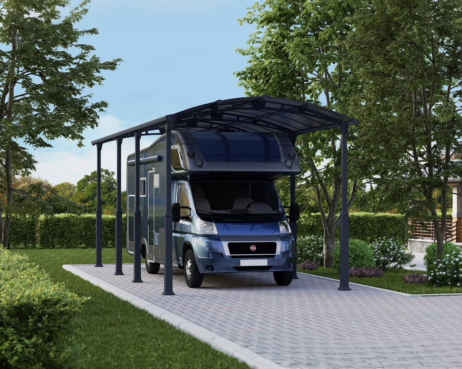 Grey 12ft x 28ft Alpine aluminum carport with a spacious design and a motorhome parked underneath
