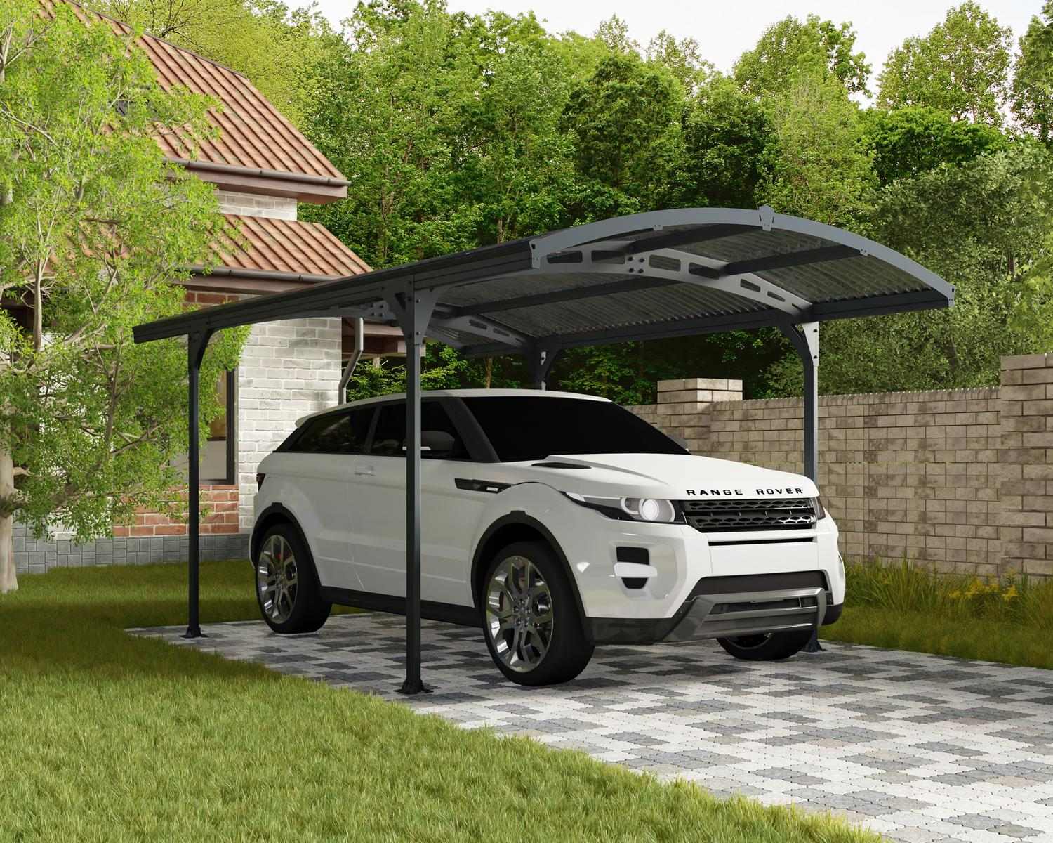 Grey 10ft x 16ft Atlas aluminum carport with a modern design, shading parked vehicles outdoors