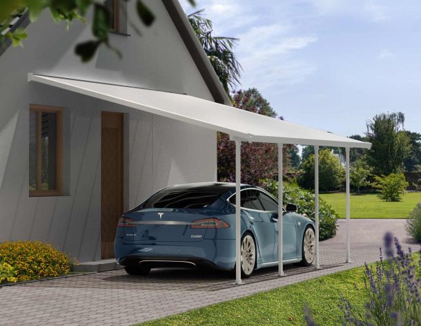 A blue Tesla is covered by a White Faria 13 ft. x 20 ft. lean-to carport