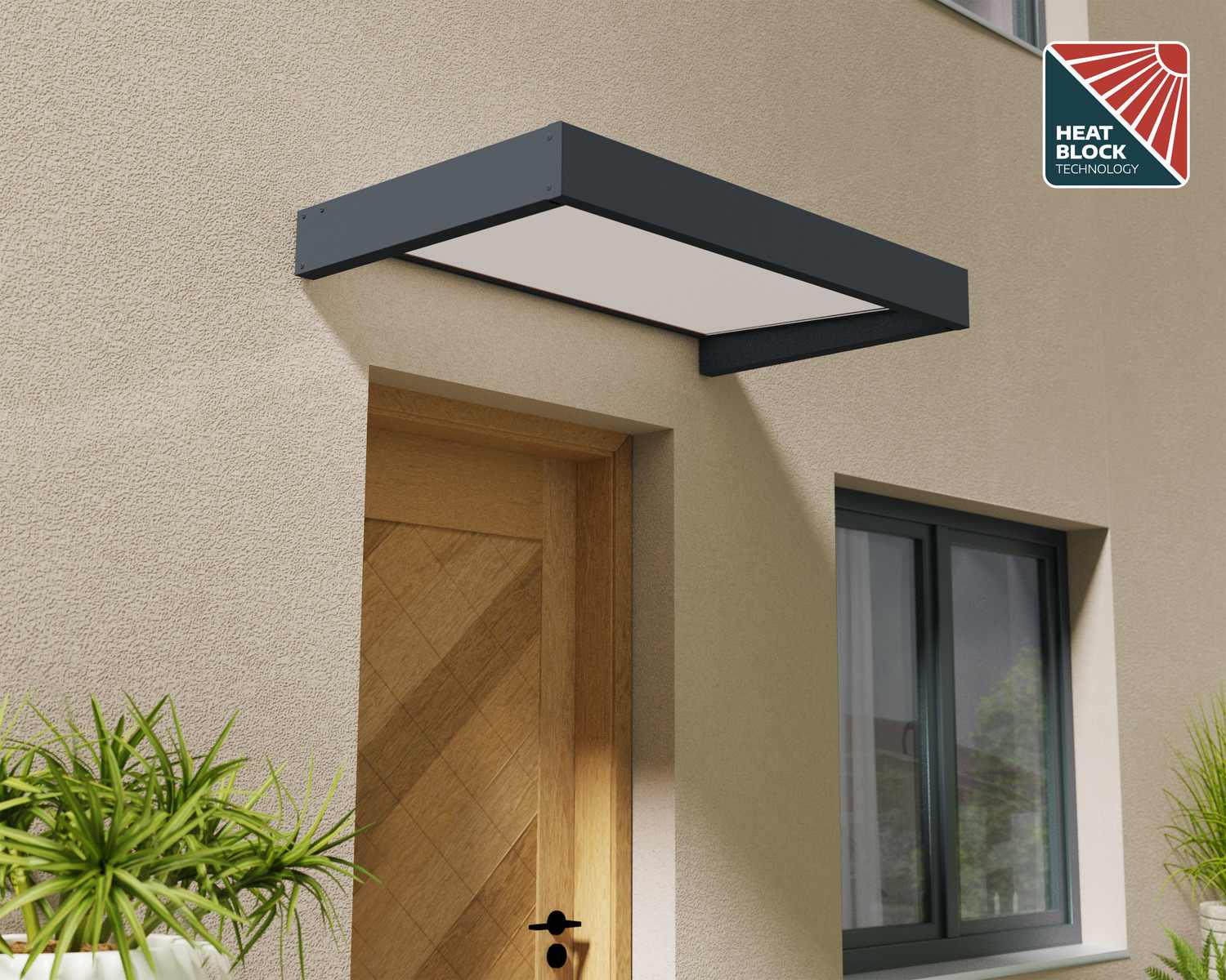 Stylish grey Sophia door awning 3 ft x 5 ft featuring HeatBlock technology, elegantly positioned above a door