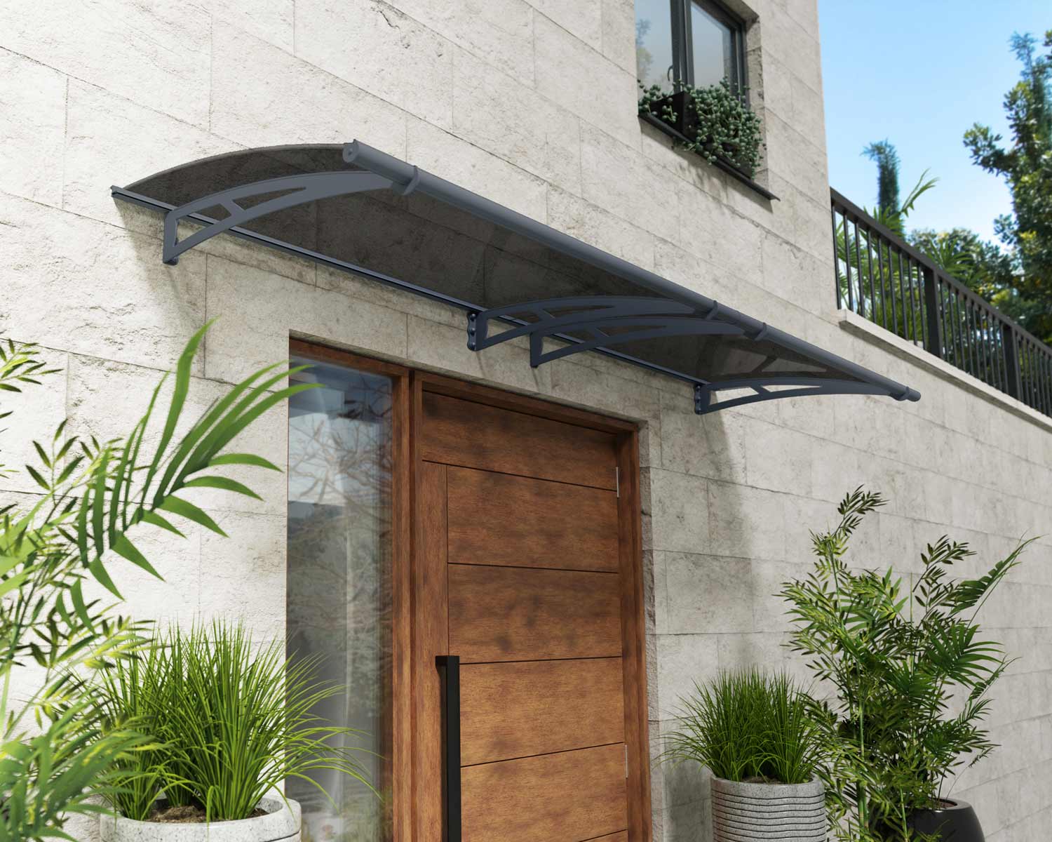 Grey Aquila door awning, 3 ft x 10 ft, with a solar grey roof, above a modern entrance