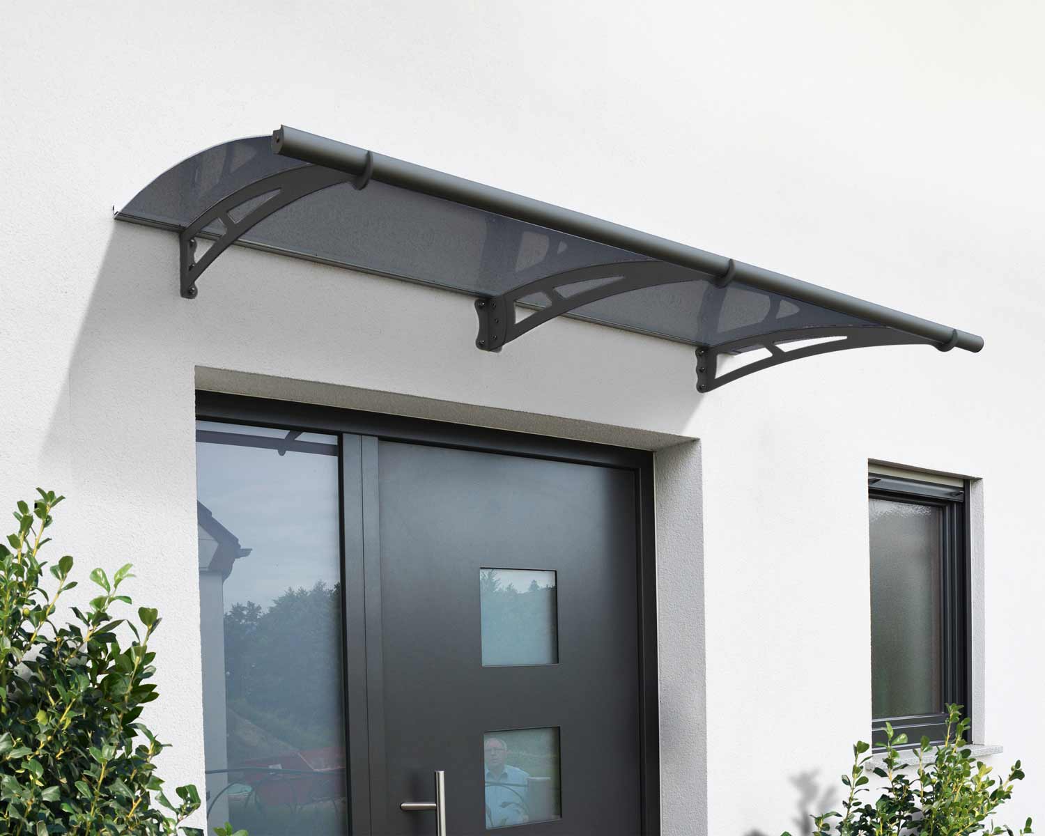 Grey Aquila door awning, 3 ft x 7 ft, featuring a grey roof, enhancing a modern entrance