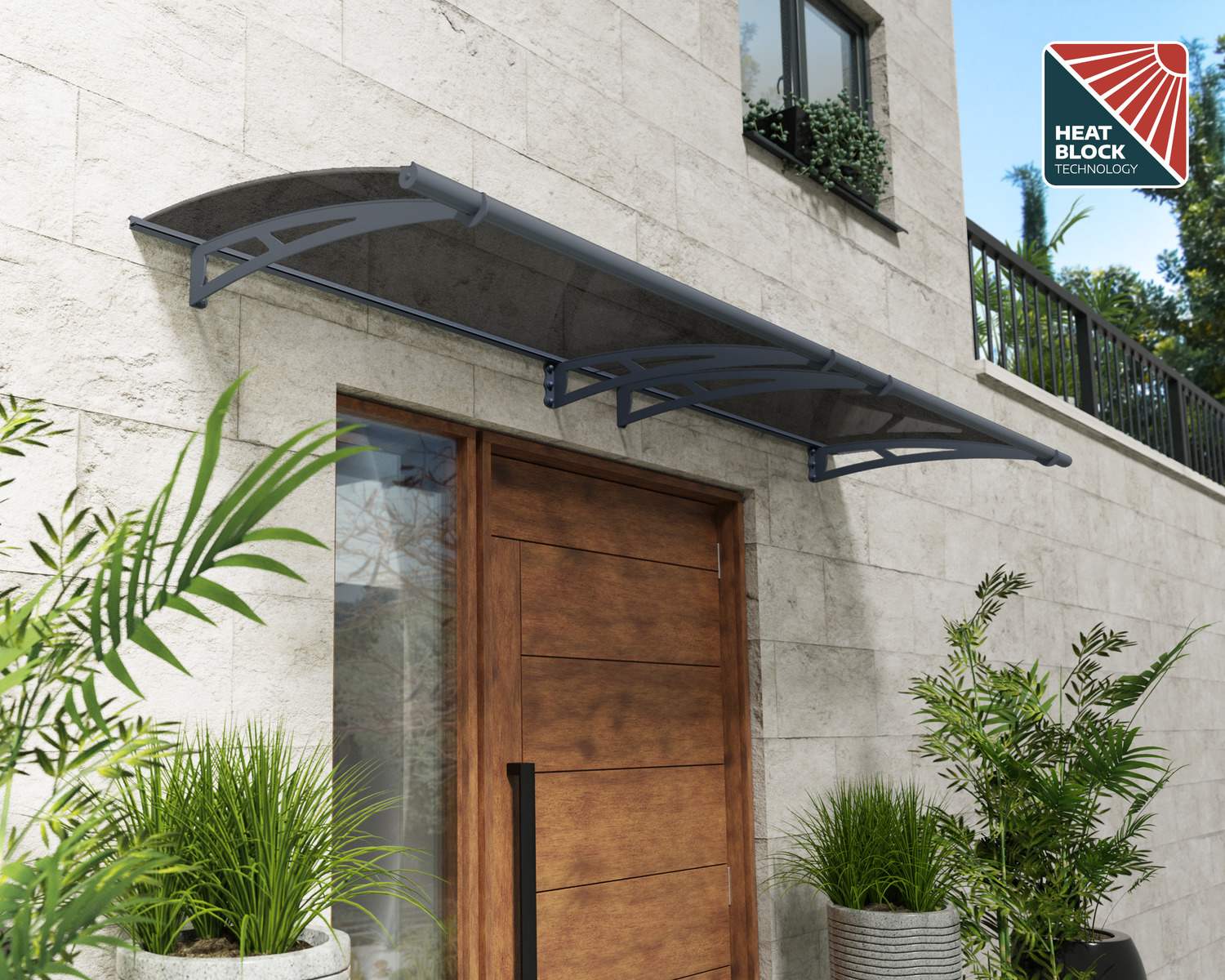 Grey Aquila door awning, 3 ft x 10 ft, with a solar grey roof, above a modern entrance