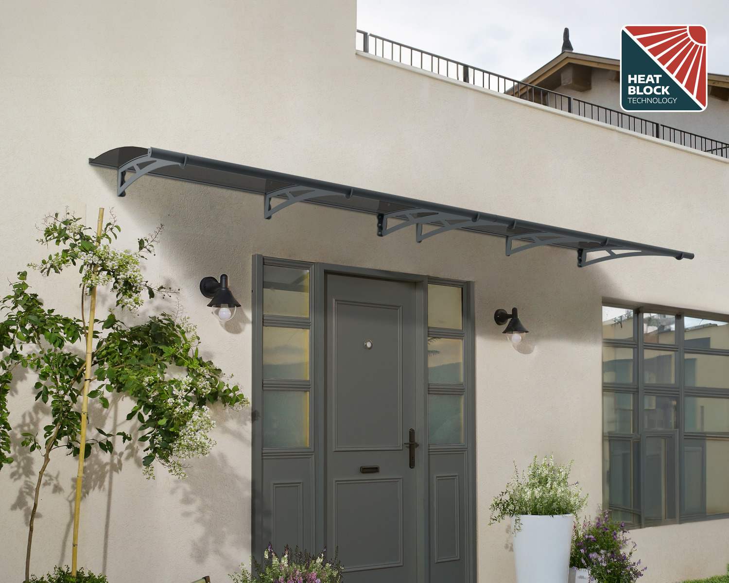 grey Aquila door awning, 3 ft x 14 ft, showcasing a grey roof design that complements a stylish entryway
