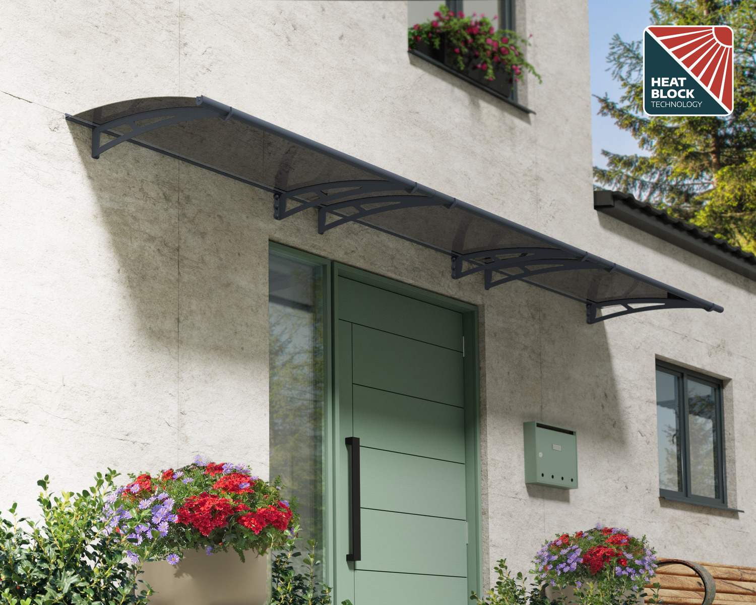 Grey Aquila door awning, measuring 3 ft x 15 ft, featuring a solar grey roof, adding style to a modern entryway
