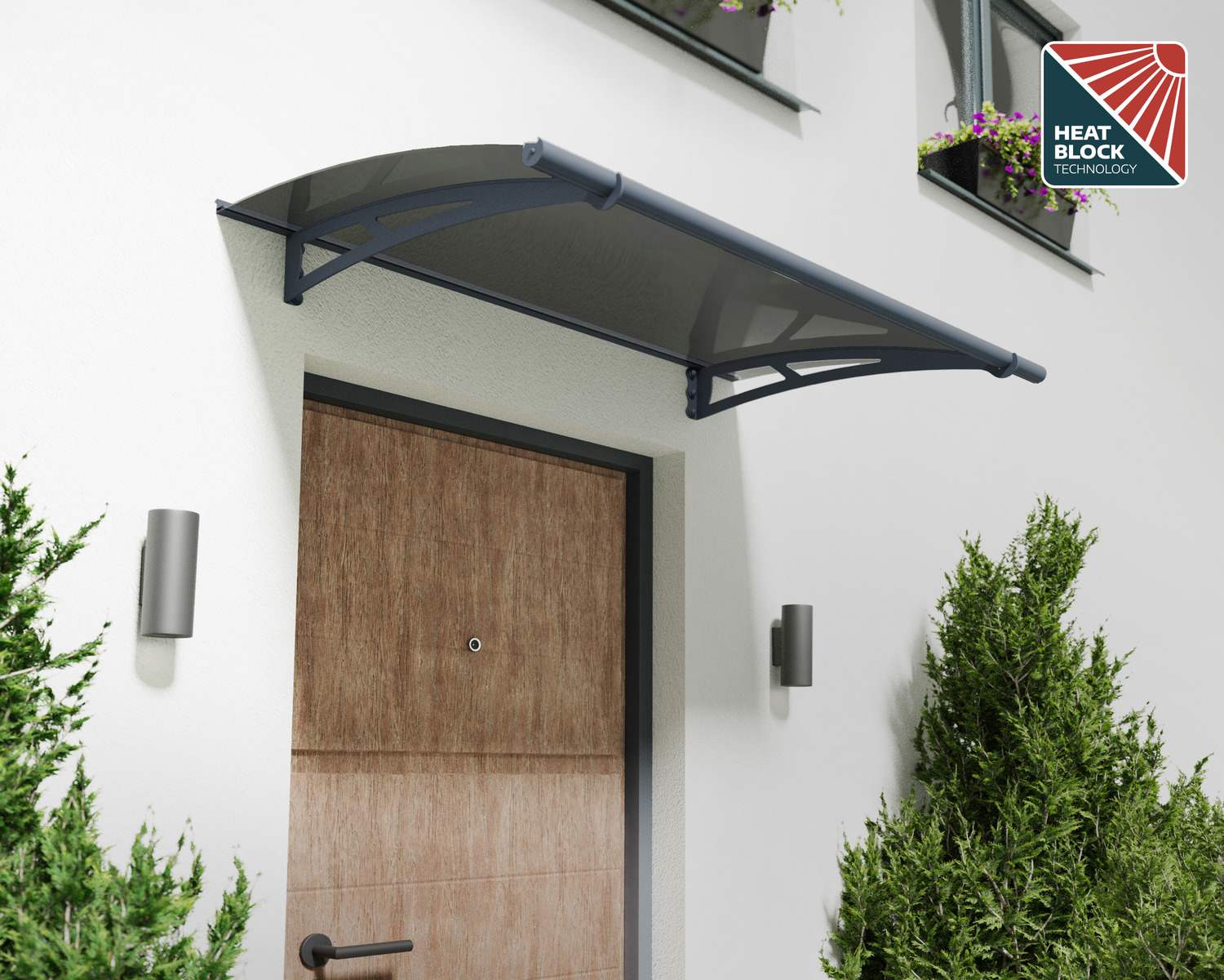 Grey Aquila door awning, 3 ft x 5 ft, with a solar grey roof, above a modern wooden door