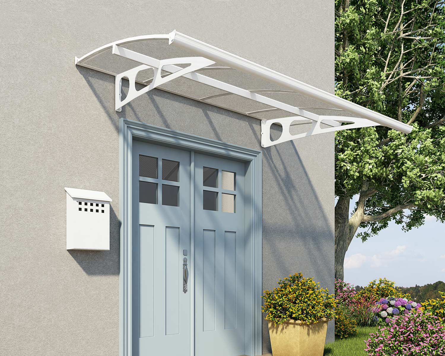 Curved white Bordeaux door awning 5 ft x 7 ft featuring diffused panels, elegantly positioned above a door