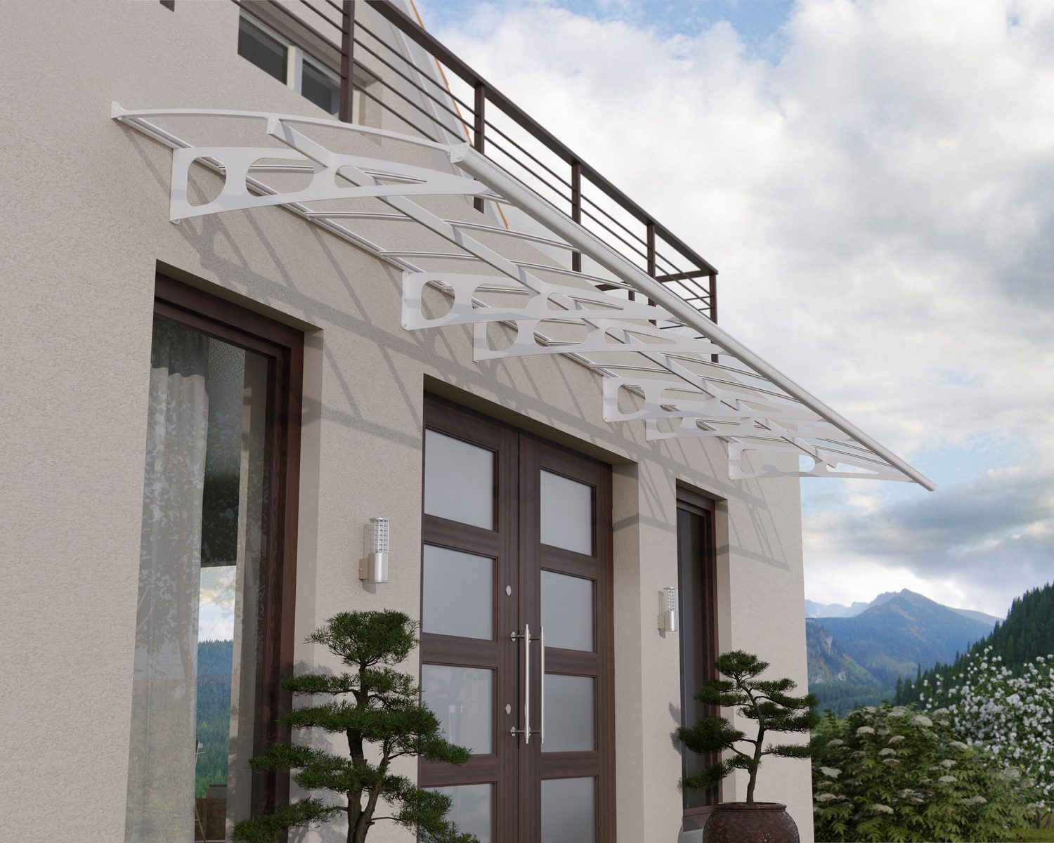 White Bordeaux door awning 6 ft x 9 ft with a curved design and clear panels above a door