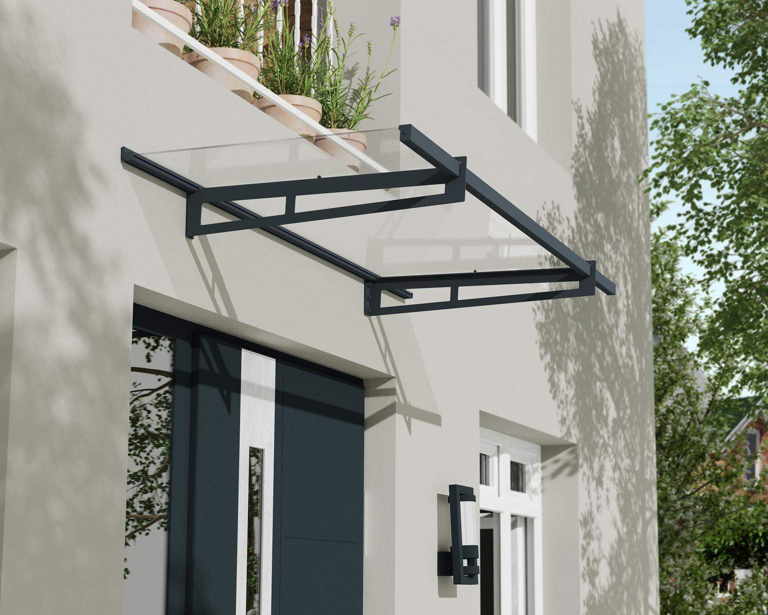 Grey Bremen door awning 3 ft x 7 ft with a flat design and clear panels, mounted above a door