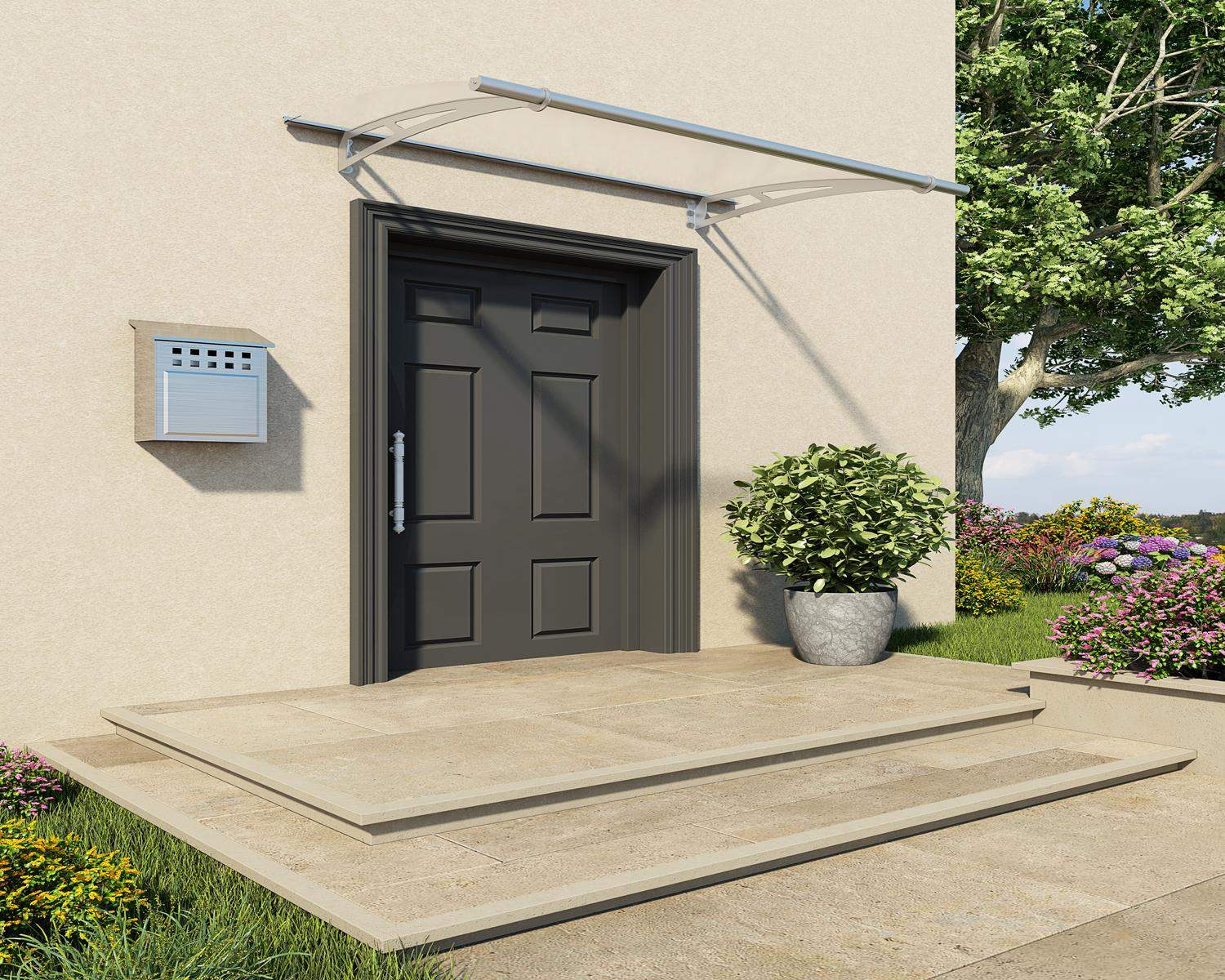 Modern silver Capella door awning 3 ft x 5 ft featuring clear panels, elegantly positioned above a door