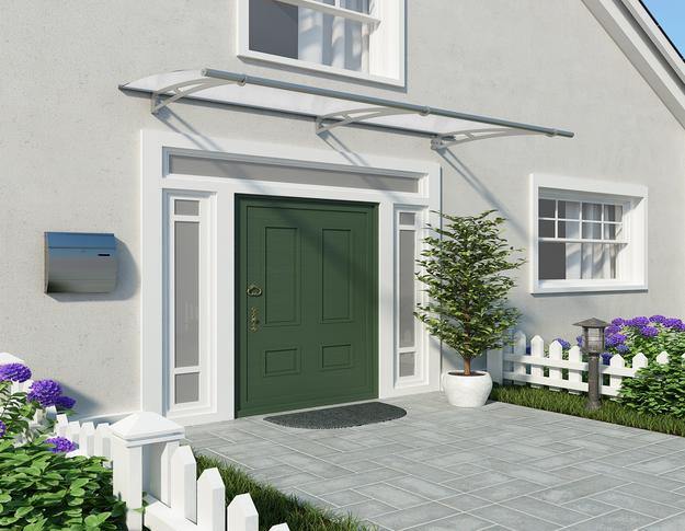 Silver Capella door awning 3 ft x 7 ft with a modern design and frosted panels, mounted above a door