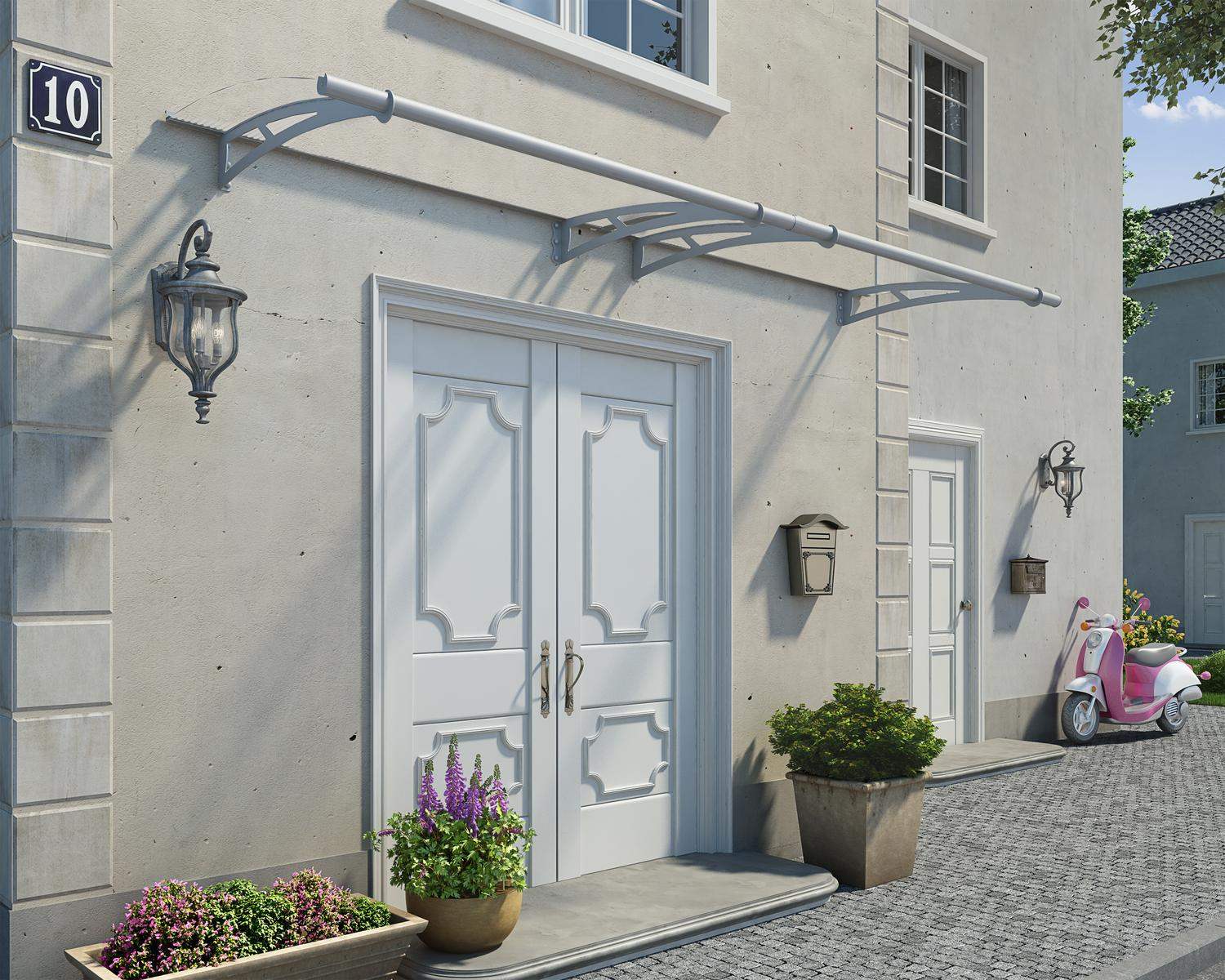 Silver Capella door awning 3 ft x 10 ft with a modern design and clear panels, mounted above a door