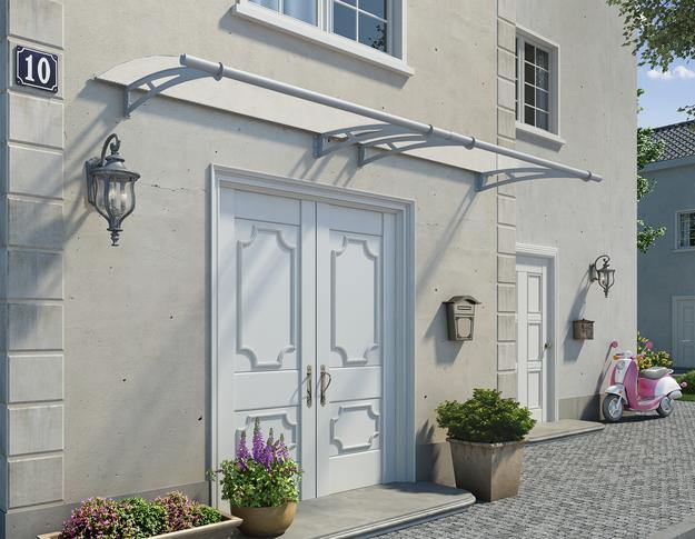 Modern silver Capella door awning 3 ft x 10 ft featuring frosted panels, elegantly positioned above a door