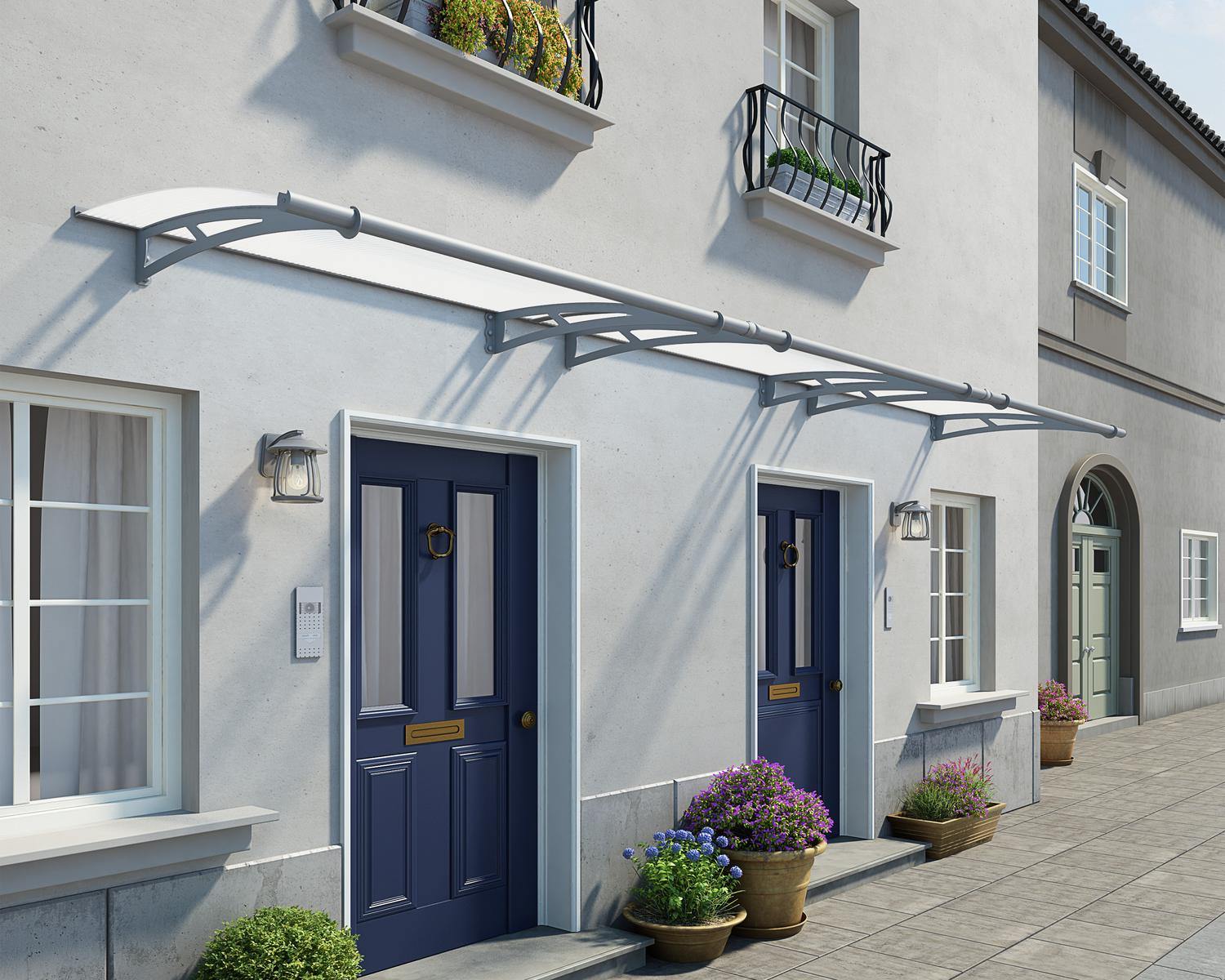 Modern silver Capella door awning 3 ft x 15 ft featuring frosted panels, elegantly positioned above a door