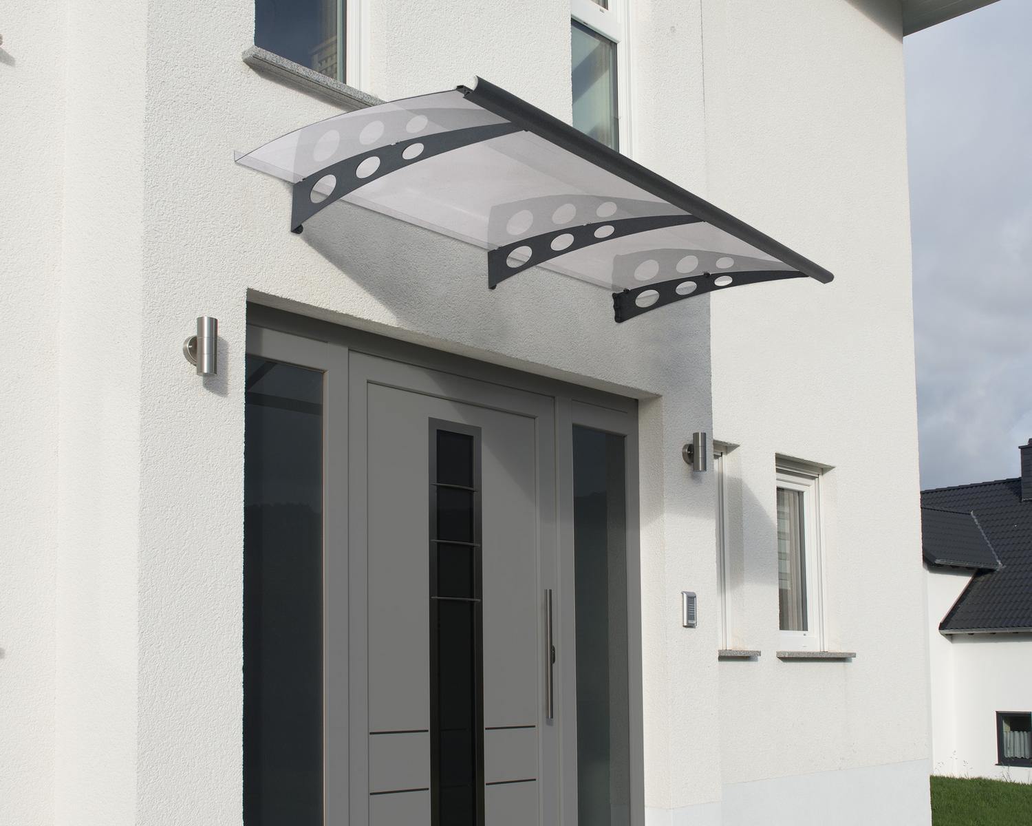 Sleek grey Garamond door awning 3 ft x 5 ft with clear panels, stylishly mounted above a door