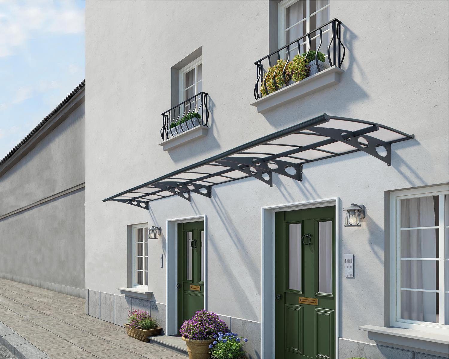 Modern grey Herald door awning 5 ft x 22 ft featuring mist panels, elegantly positioned above a door