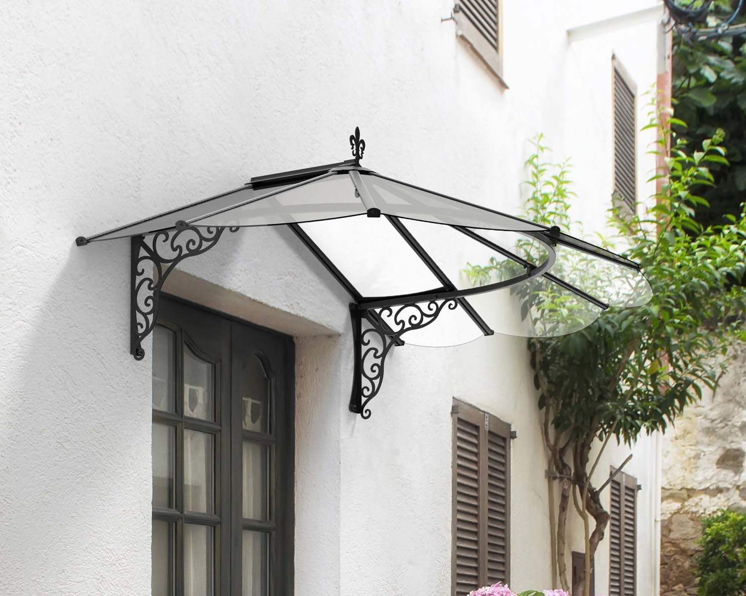Black Iris door awning 4 ft x 6 ft with a modern design and clear panels, mounted above a door