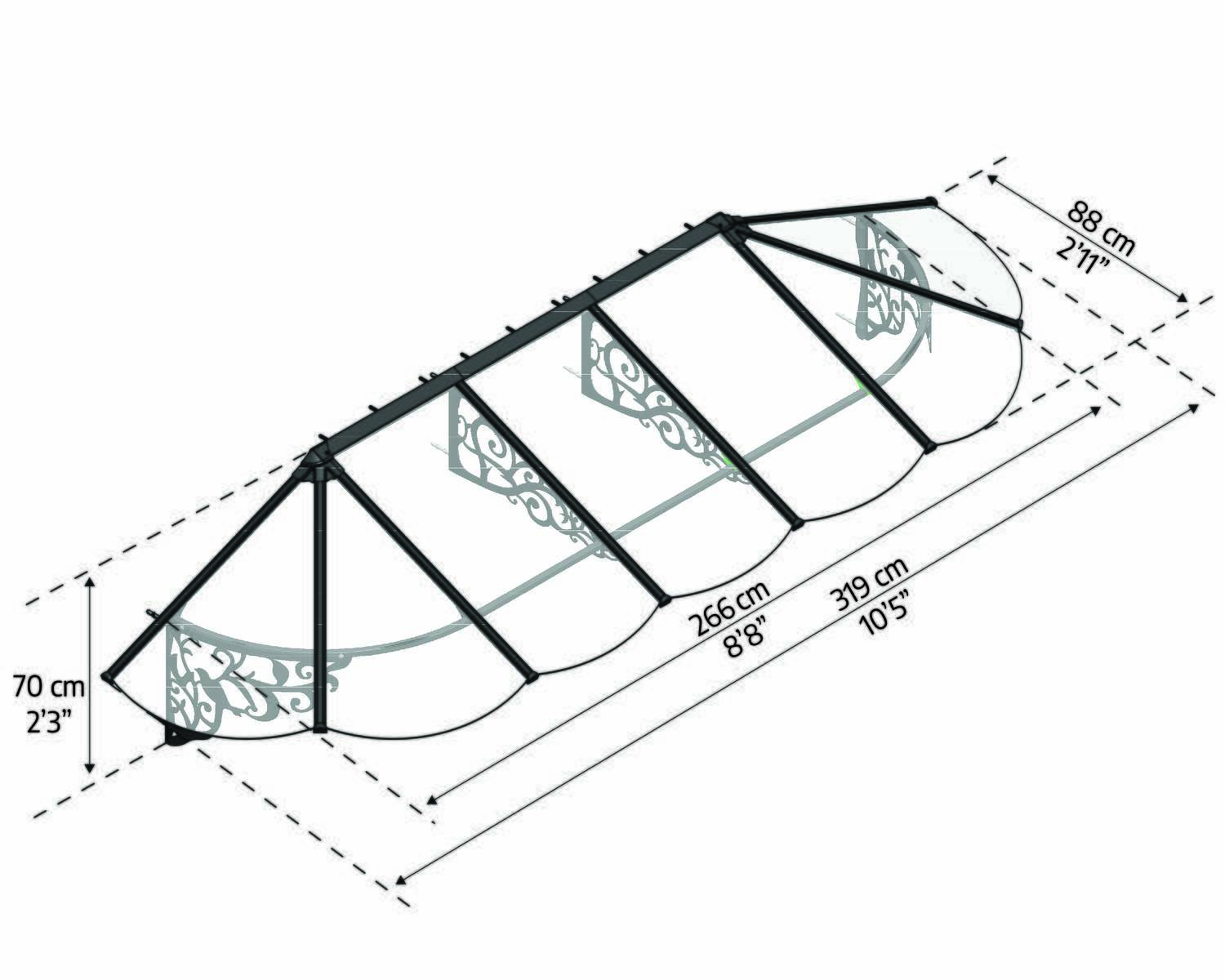 Lily door awning, 3 ft x 10.5 ft, clear panel sketch