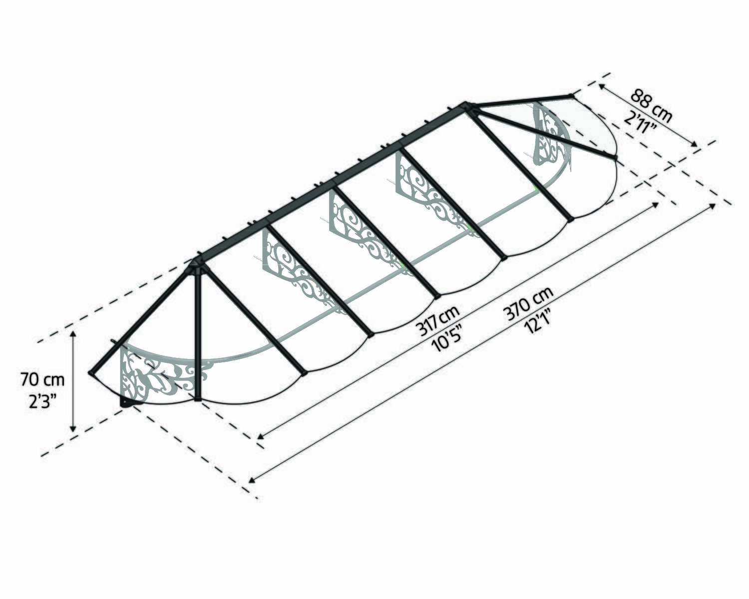 Lily door awning, 3 ft x 12 ft, curved panel sketch