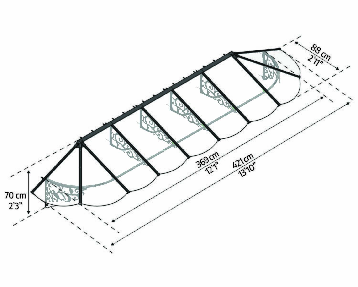 Lily door awning, 3 ft x 13.8 ft, curved panel sketch