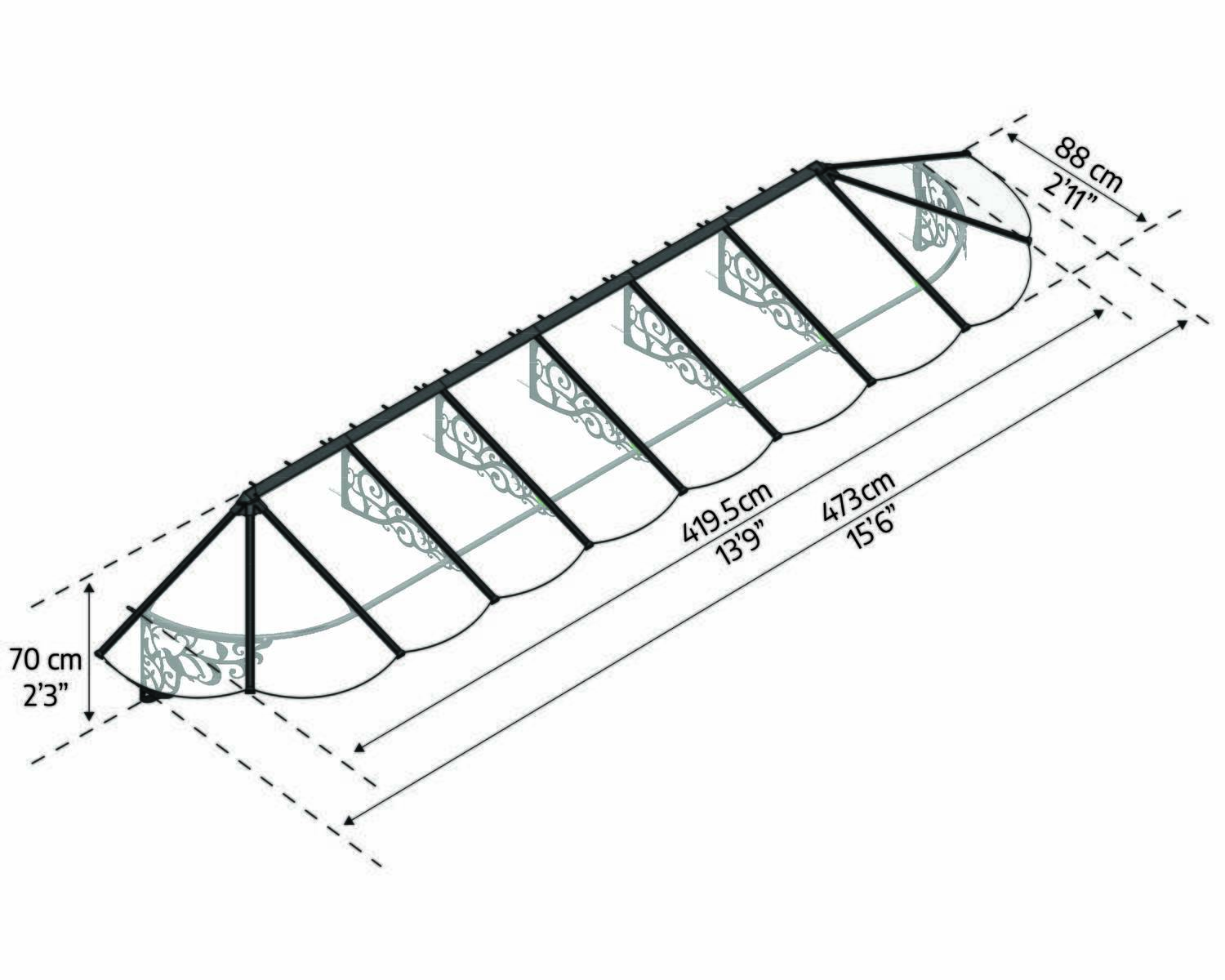 Lily door awning, 3 ft x 15.4 ft, clear panel sketch