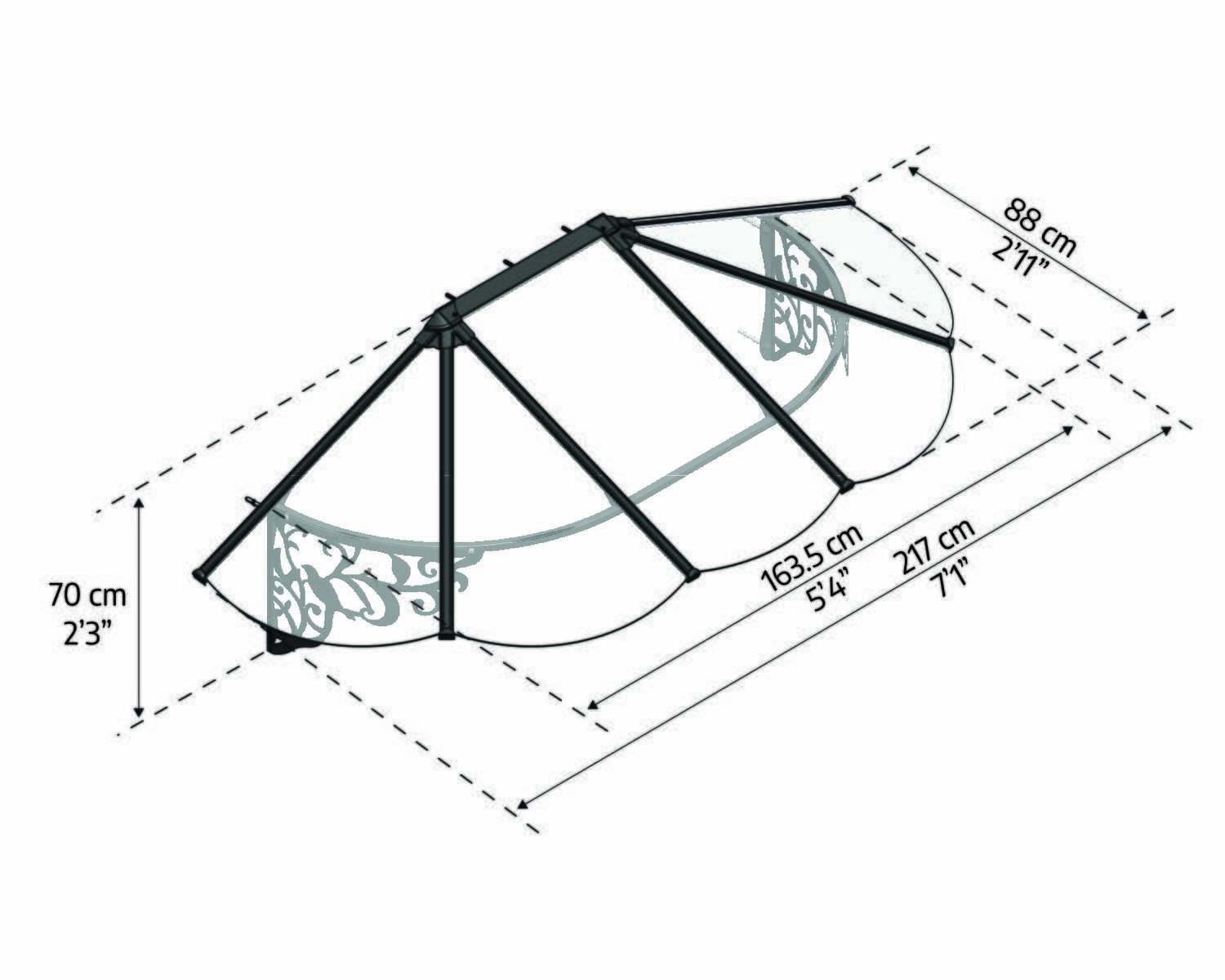 Lily door awning, 3 ft x 7 ft, curved panel sketch