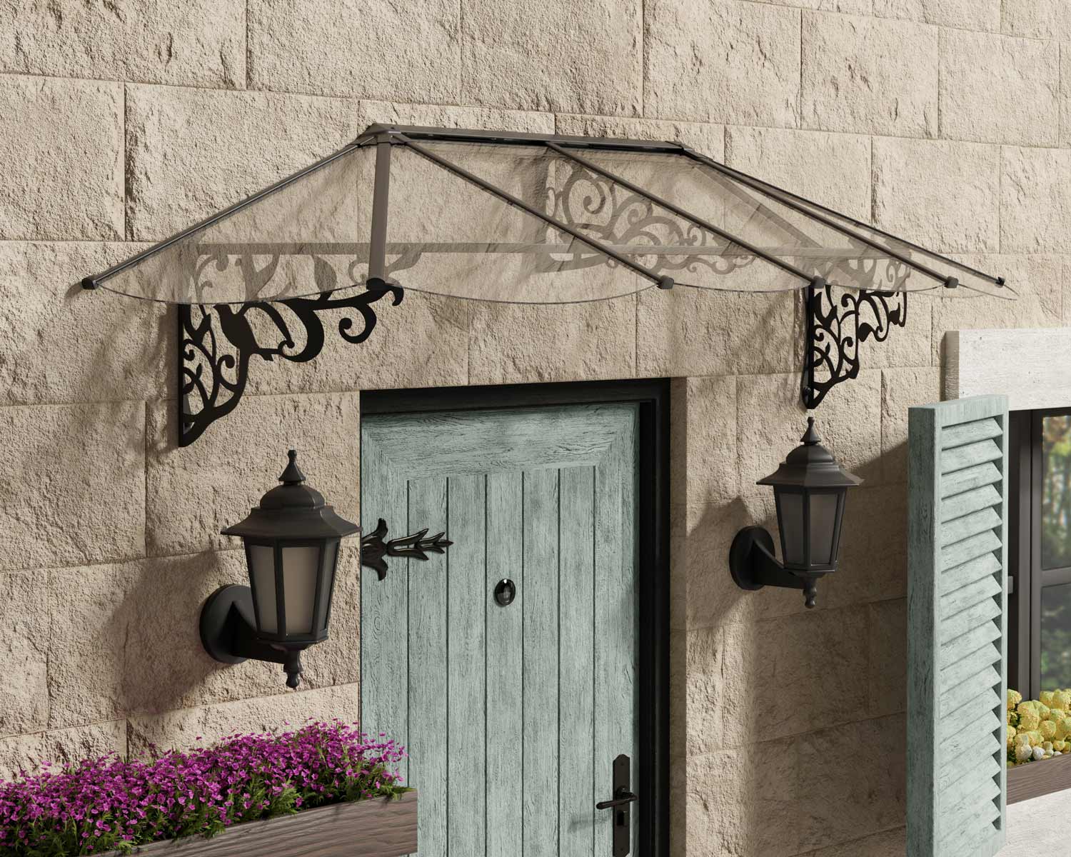 Black Lily door awning, 3 ft x 8.7 ft, showcasing a modern curved design with a clear panel, mounted above a doorway
