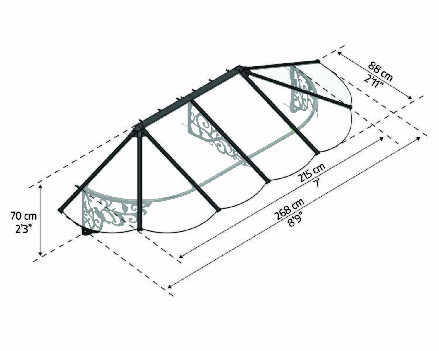 Lily door awning, 3 ft x 8.7 ft, curved panel sketch