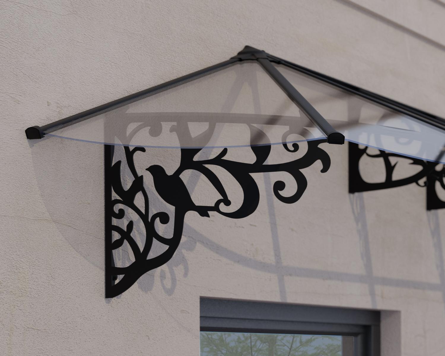 Black Lily door awning, 3 ft x 8.7 ft, featuring a sleek curved design and clear panel, elegantly installed above a doorway