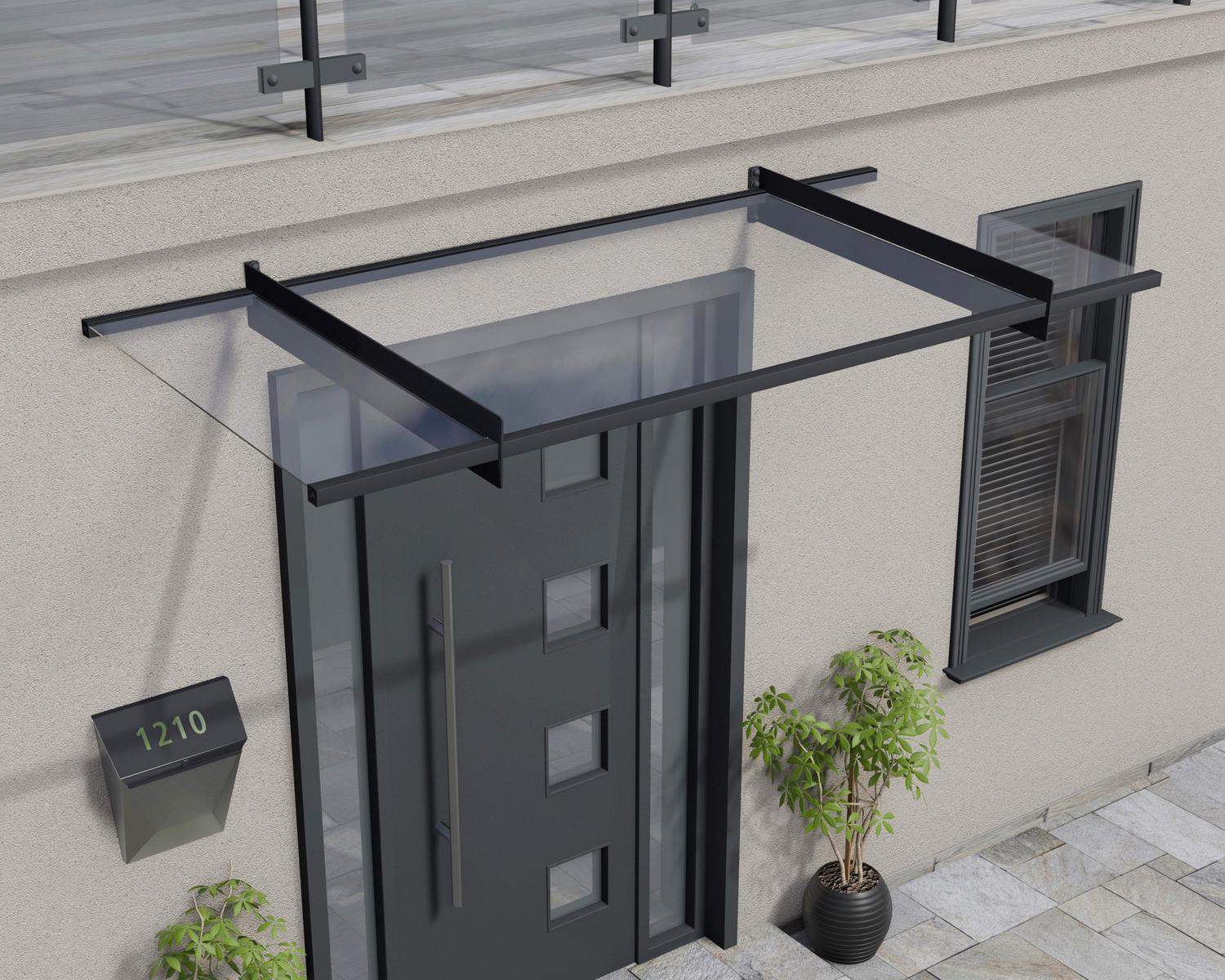 Grey Nancy door awning, 3 ft x 7 ft, featuring a modern design and clear panel, elegantly mounted above a doorway