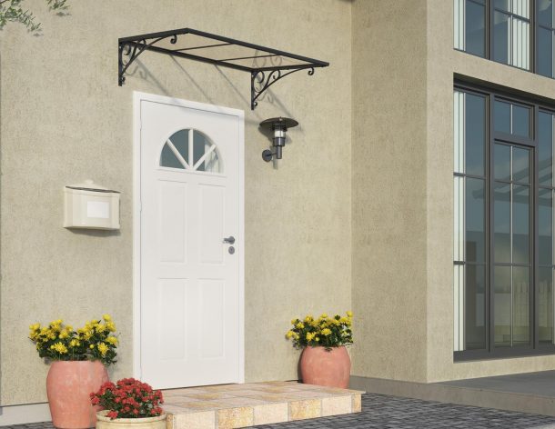 Stylish grey Venus door awning 3 ft x 5 ft featuring clear panels, elegantly positioned above a door