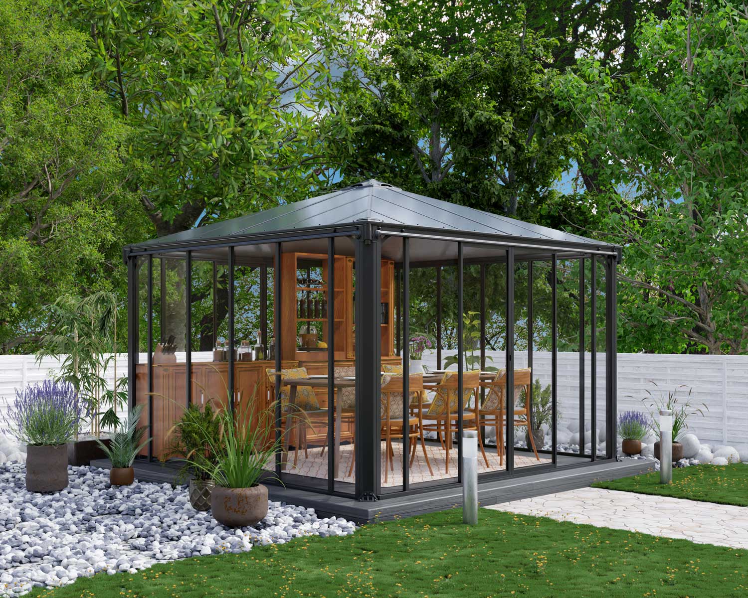 Ledro enclosed gazebo in grey, measuring 12 x 12 ft, featuring a modern design