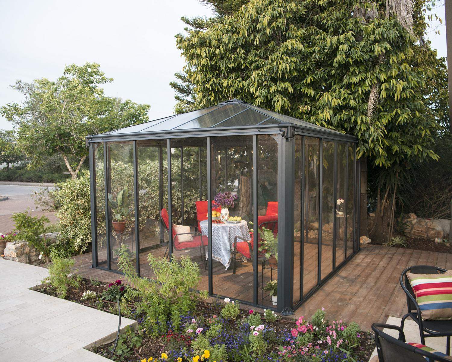 Ledro enclosed gazebo in grey, measuring 12 x 12 ft, featuring a modern design