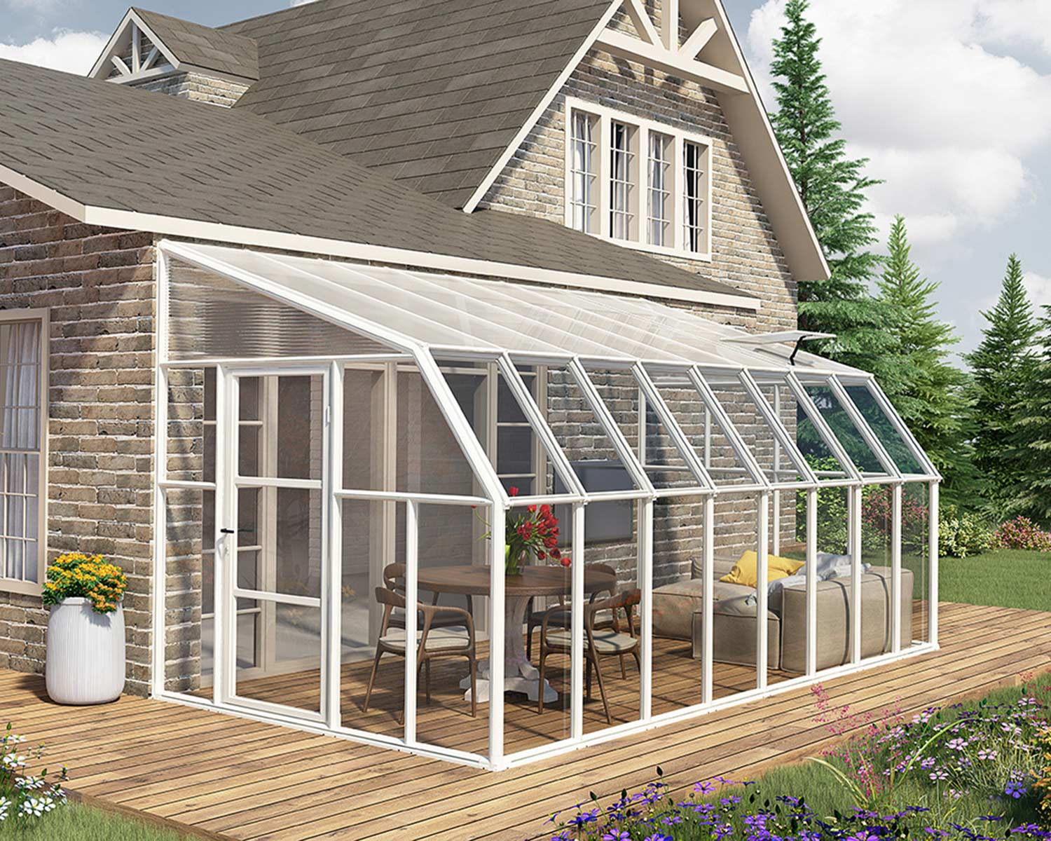 8ft x 16ft white enclosed gazebo SunRoom with polycarbonate panels and an aluminum frame, attached to a brick house, surrounded by greenery