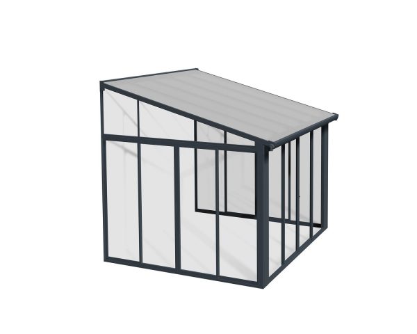 Sanremo enclosed gazebo in grey with a clear panel, 10 x 10 ft, highlighting its robust construction