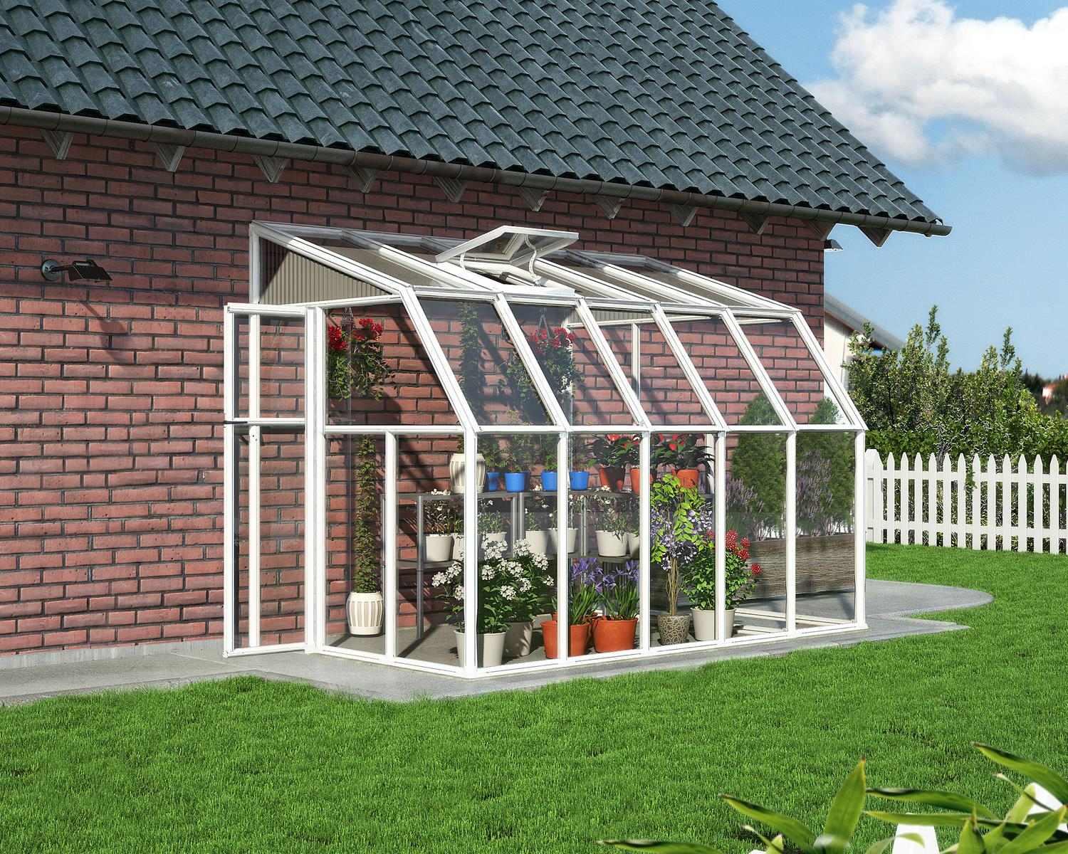 Sunroom enclosed gazebo in white with a clear panel, 6 x 10 ft, beside a brick house, surrounded by green lawn