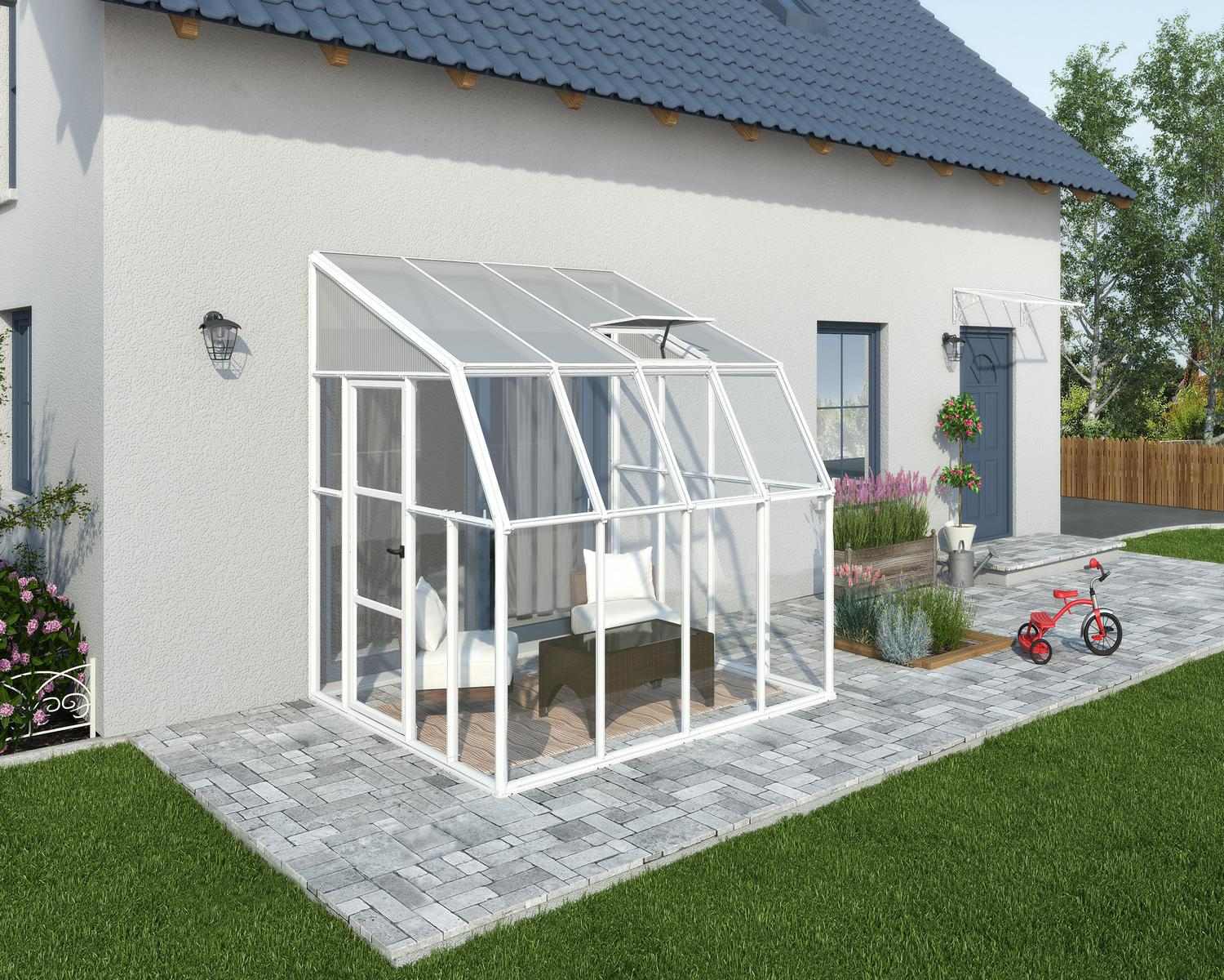 8ft x 8ft white enclosed gazebo SunRoom with polycarbonate panels and aluminum frame, attached to a house with a red bicycle